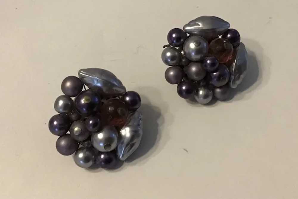 Vintage Clip on Bead Cluster Earrings Plum and Si… - image 2