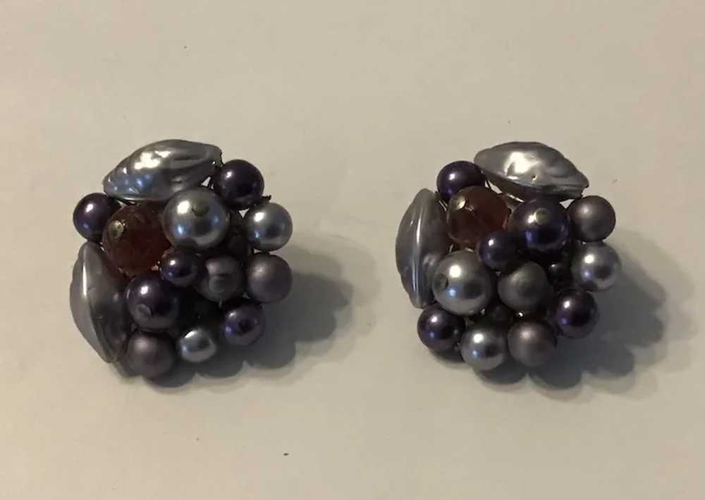 Vintage Clip on Bead Cluster Earrings Plum and Si… - image 3