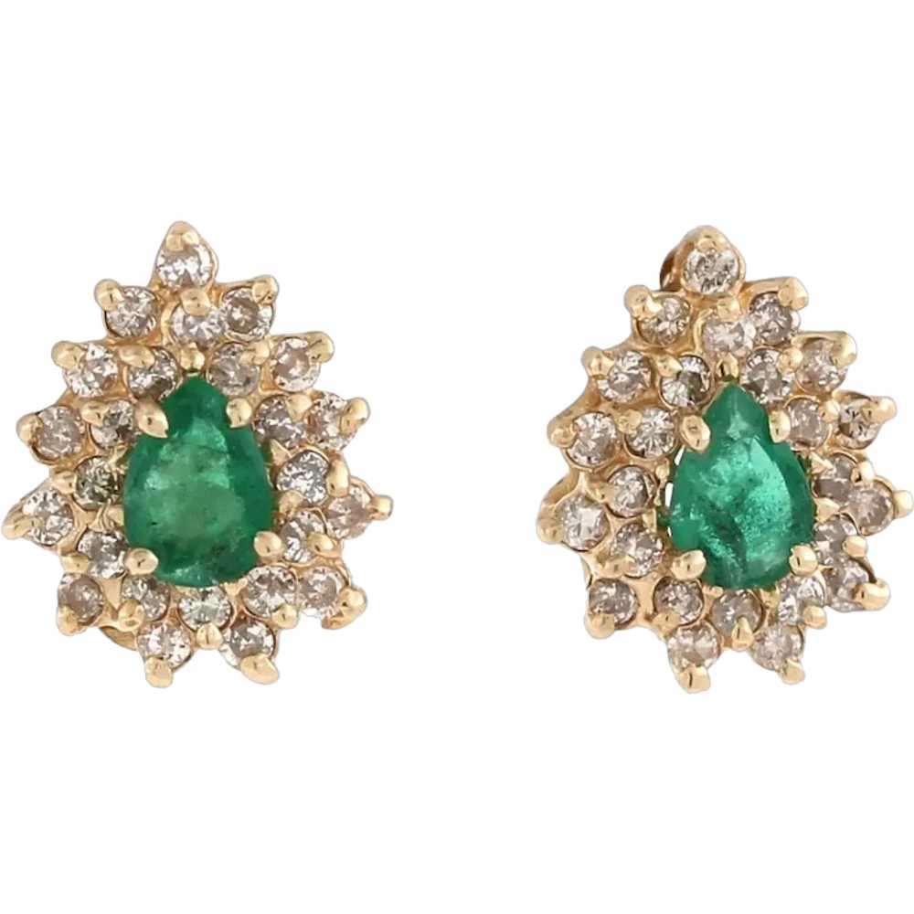 Pear Shape Emerald Diamond Halo Stud Earrings Yel… - image 1