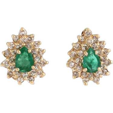 Pear Shape Emerald Diamond Halo Stud Earrings Yel… - image 1