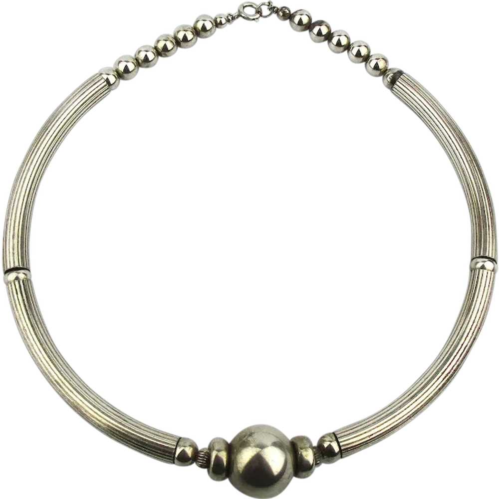 Modernist Sterling Silver Necklace Ribbed Tubes -… - image 1