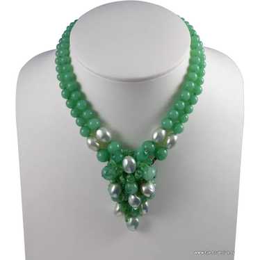 Vintage 1950's Louis Rousselet Green Glass Pillow Beads Collar Necklace