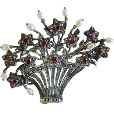 Antique Bohemian Garnet and cultured pearl brooch… - image 1