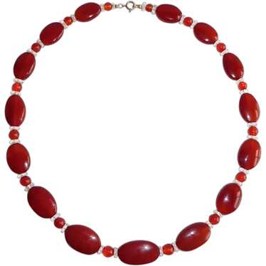 Carnelian Lozenge Bead & Crystal Bead Necklace