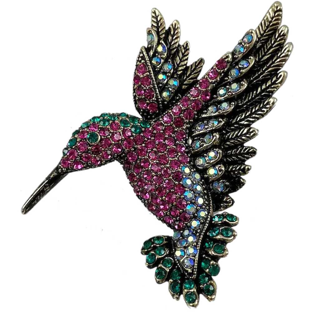 Rhinestone Hummingbird Brooch Pendant Signed OPCKR - image 1