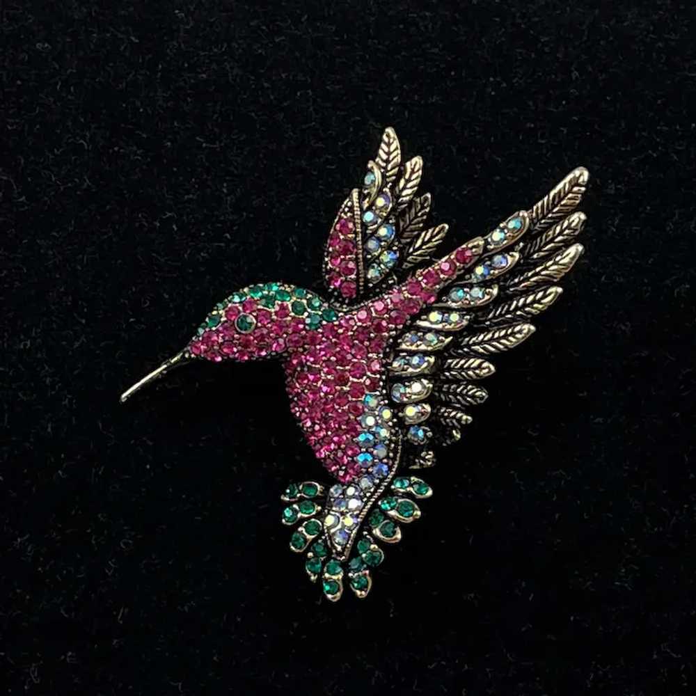 Rhinestone Hummingbird Brooch Pendant Signed OPCKR - image 2