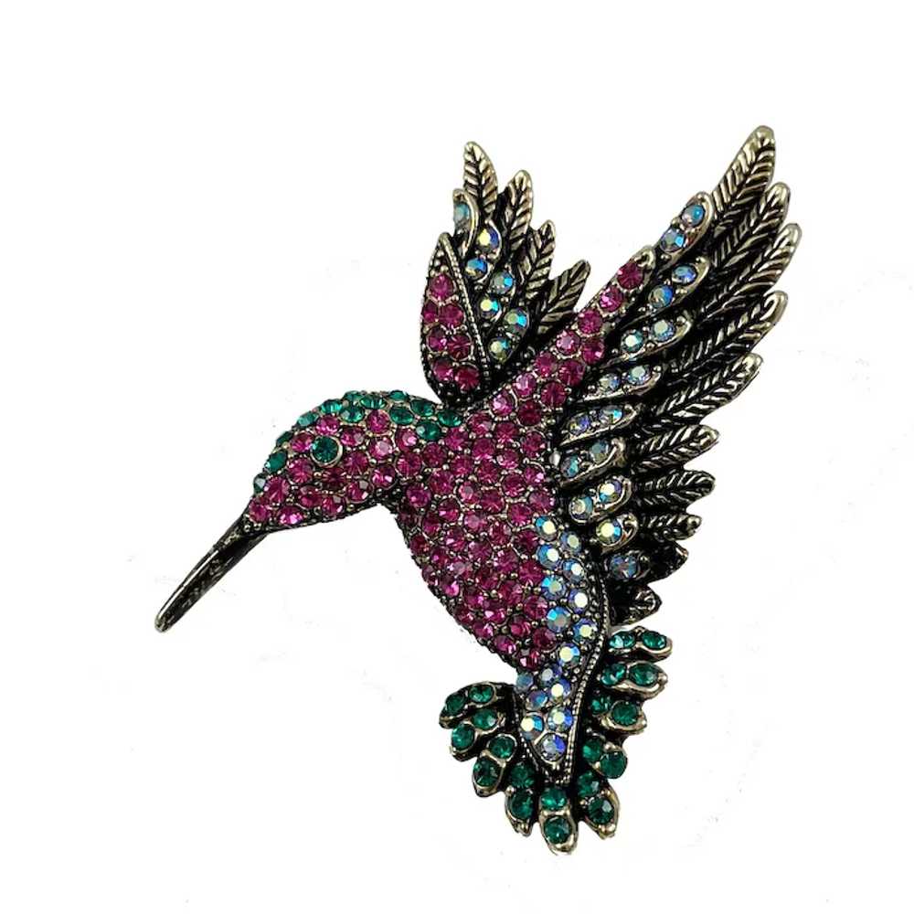 Rhinestone Hummingbird Brooch Pendant Signed OPCKR - image 3