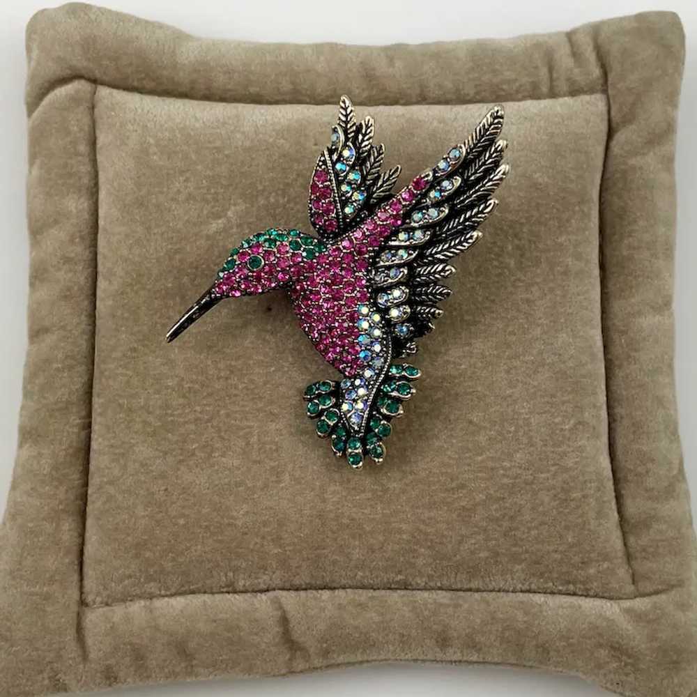 Rhinestone Hummingbird Brooch Pendant Signed OPCKR - image 4