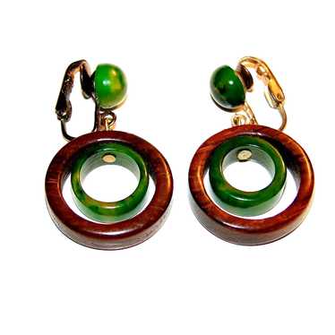 Incredible Bakelite and Wood DOUBLE HOOPS Earrings