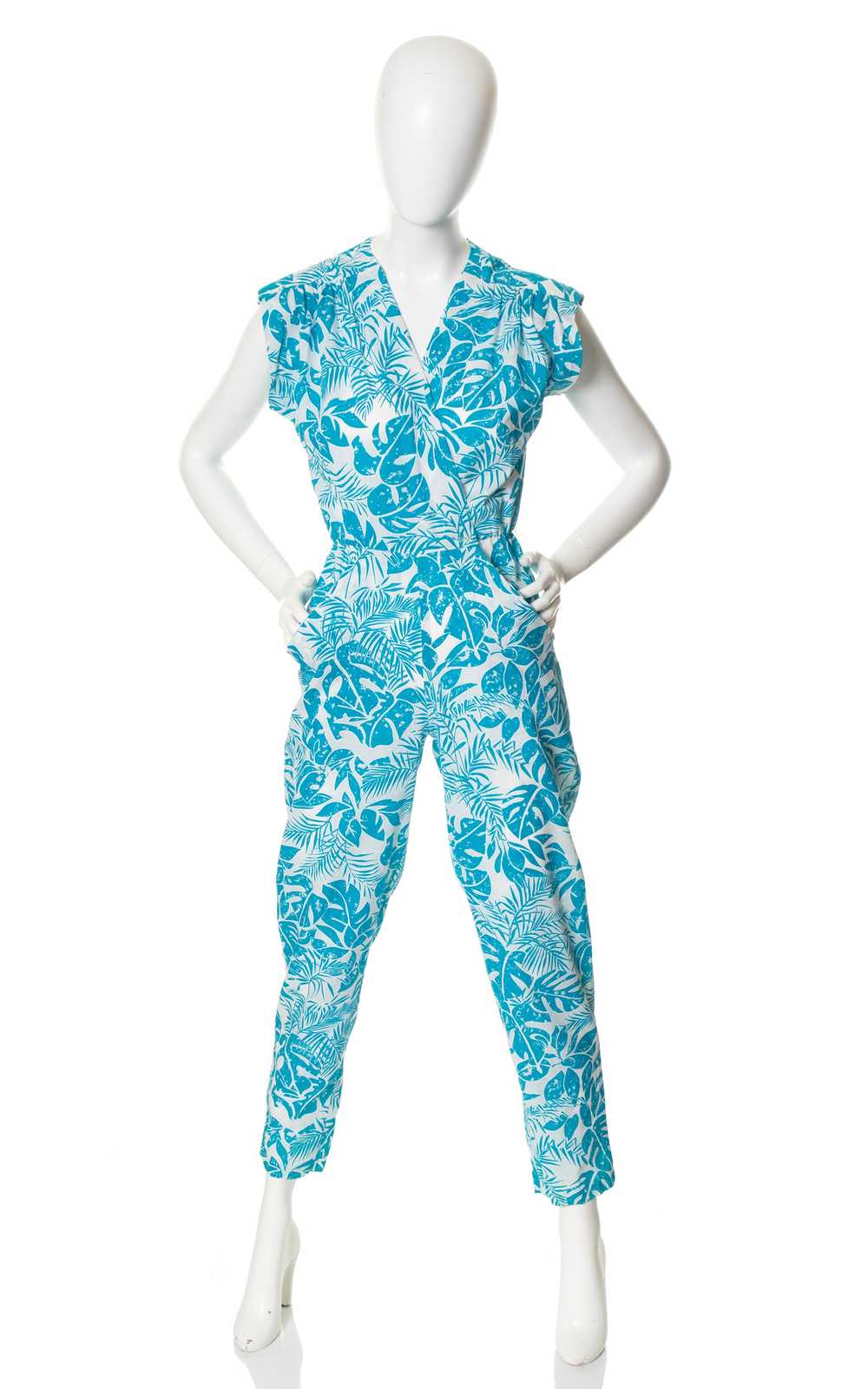 1980s Tropical Leaves Jumpsuit with Pockets | x-s… - image 1