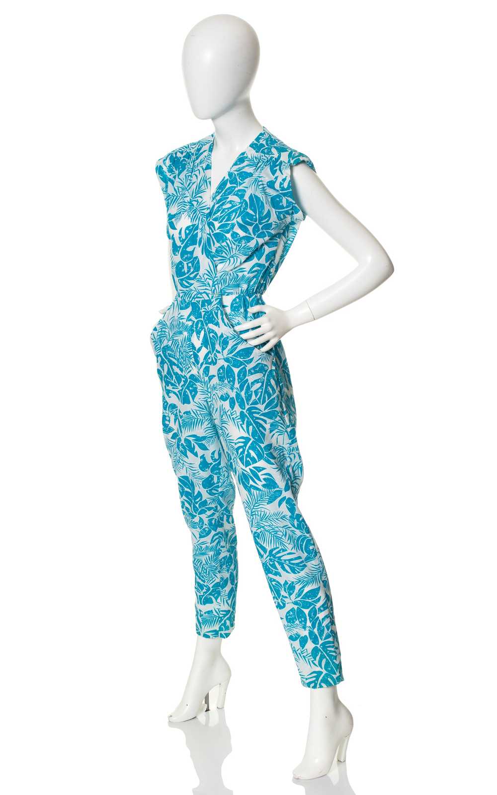 1980s Tropical Leaves Jumpsuit with Pockets | x-s… - image 3