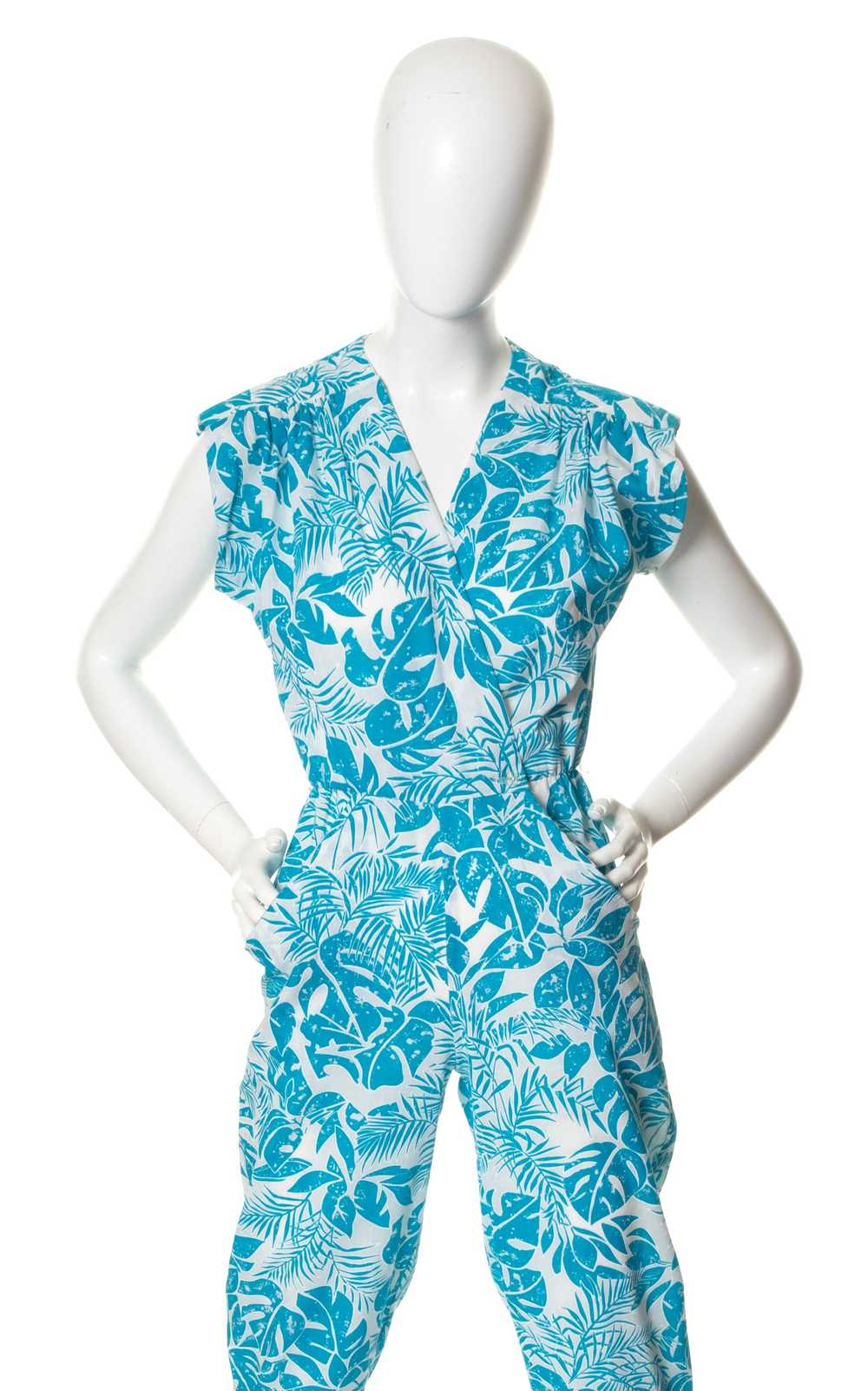 1980s Tropical Leaves Jumpsuit with Pockets | x-s… - image 5