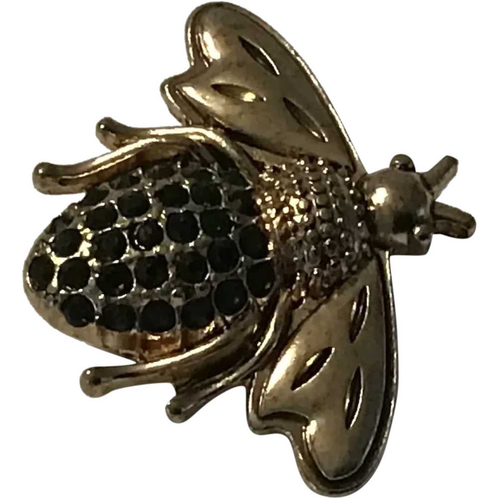 Vintage Figural Gold Tone Bee Pin with Green Rhin… - image 1