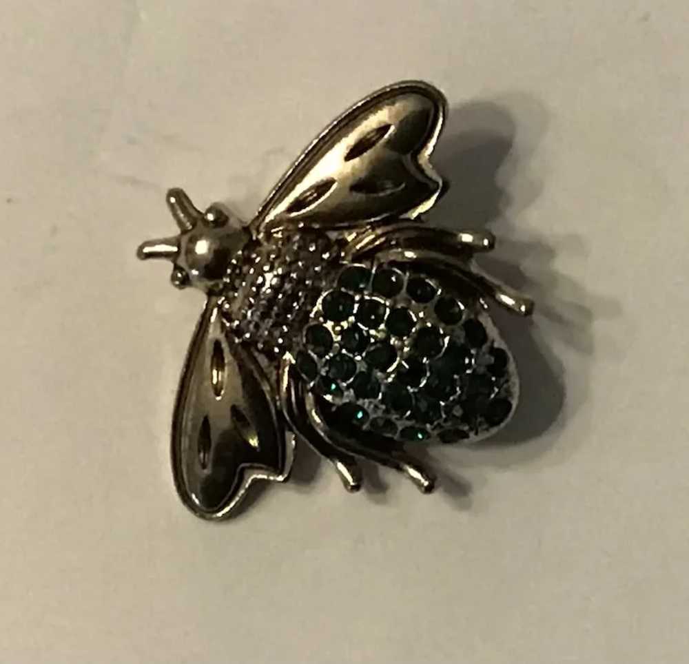 Vintage Figural Gold Tone Bee Pin with Green Rhin… - image 3