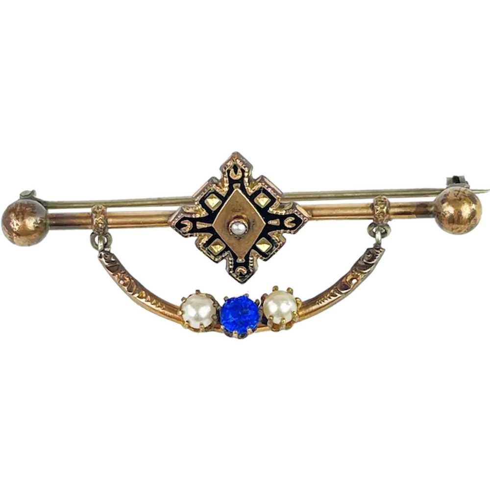 Edwardian Bar Brooch With Faux Pearl and Faux Sap… - image 1