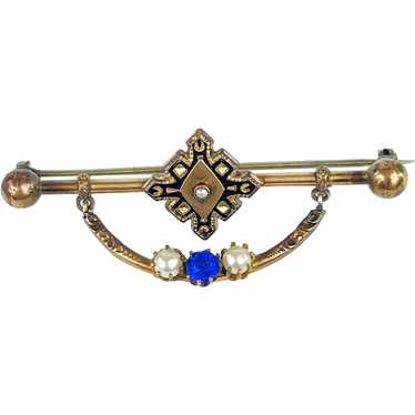 Edwardian Bar Brooch With Faux Pearl and Faux Sapp