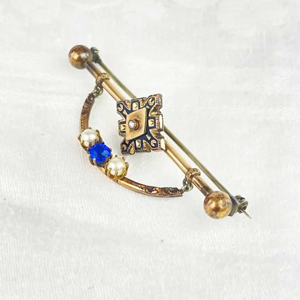 Edwardian Bar Brooch With Faux Pearl and Faux Sap… - image 2