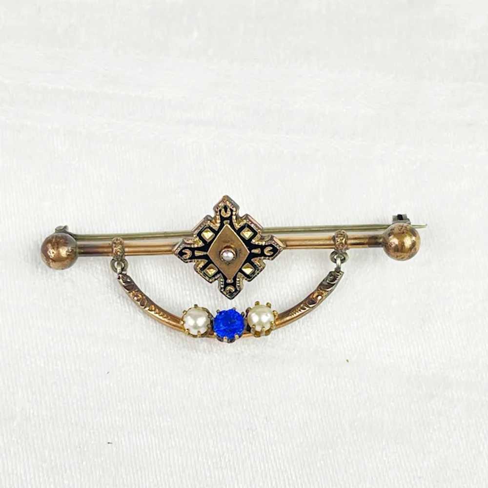 Edwardian Bar Brooch With Faux Pearl and Faux Sap… - image 5