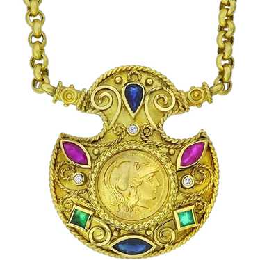 18K Yellow Gold 17" Greek Necklace and Pendant wi… - image 1