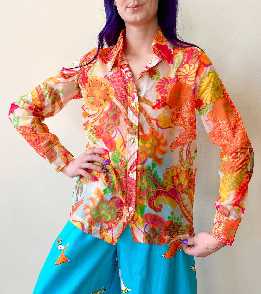 70’s Sheer Crepe Psychedelic Neon Paisley Floral … - image 10