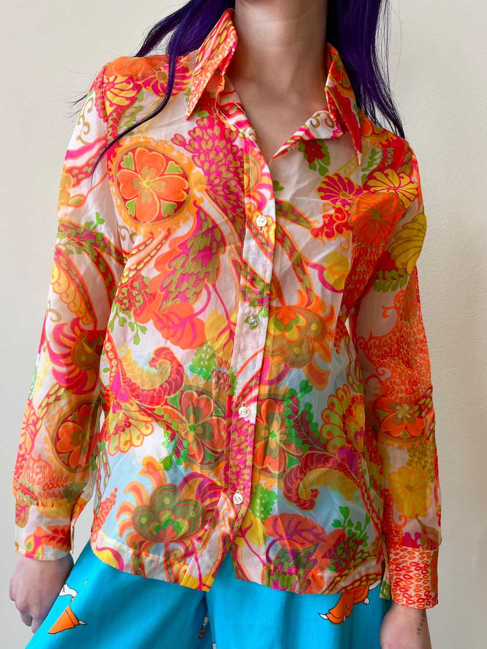 70’s Sheer Crepe Psychedelic Neon Paisley Floral … - image 3