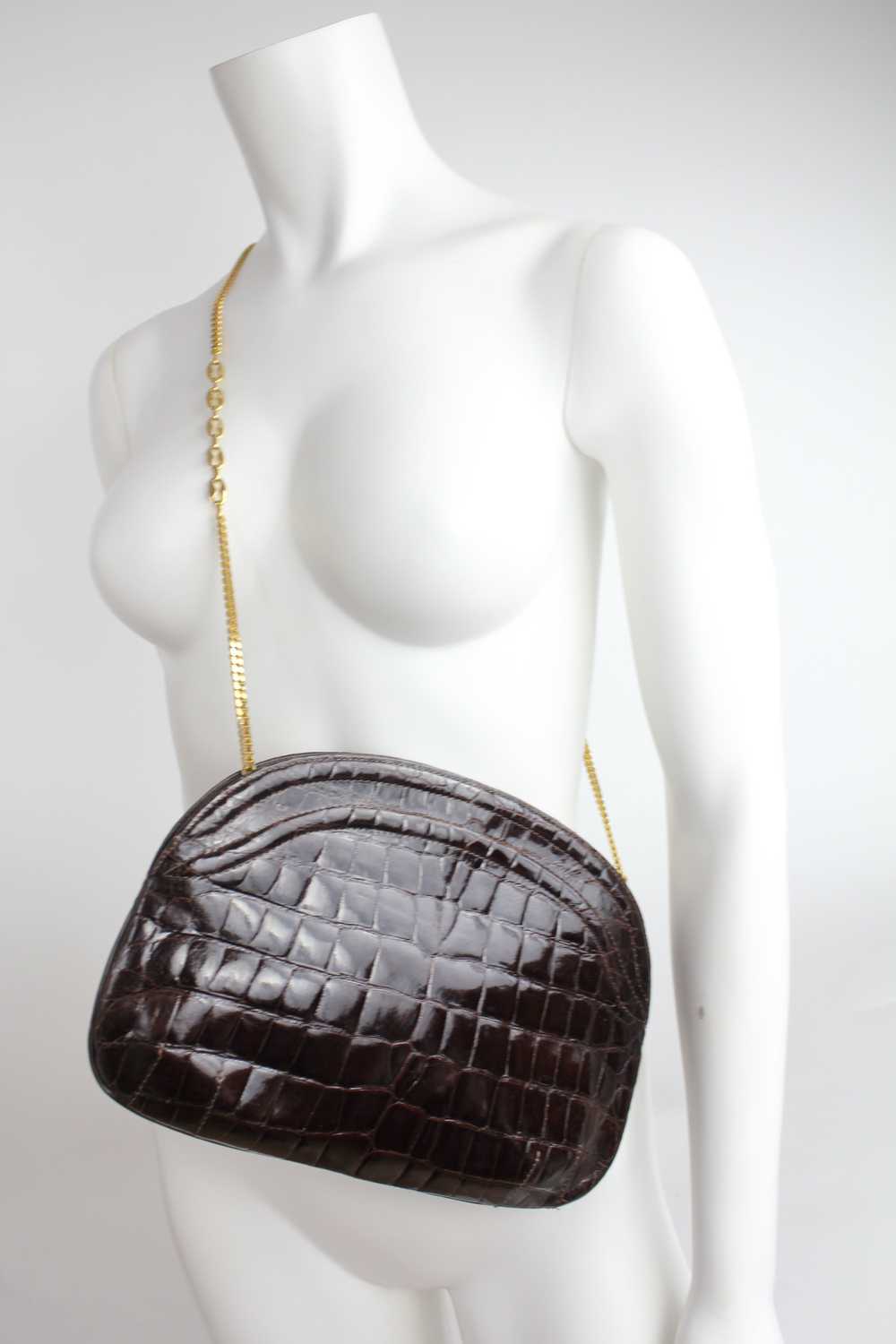 Vintage 1970s Crocodile Purse with Gold Chain Lin… - image 2