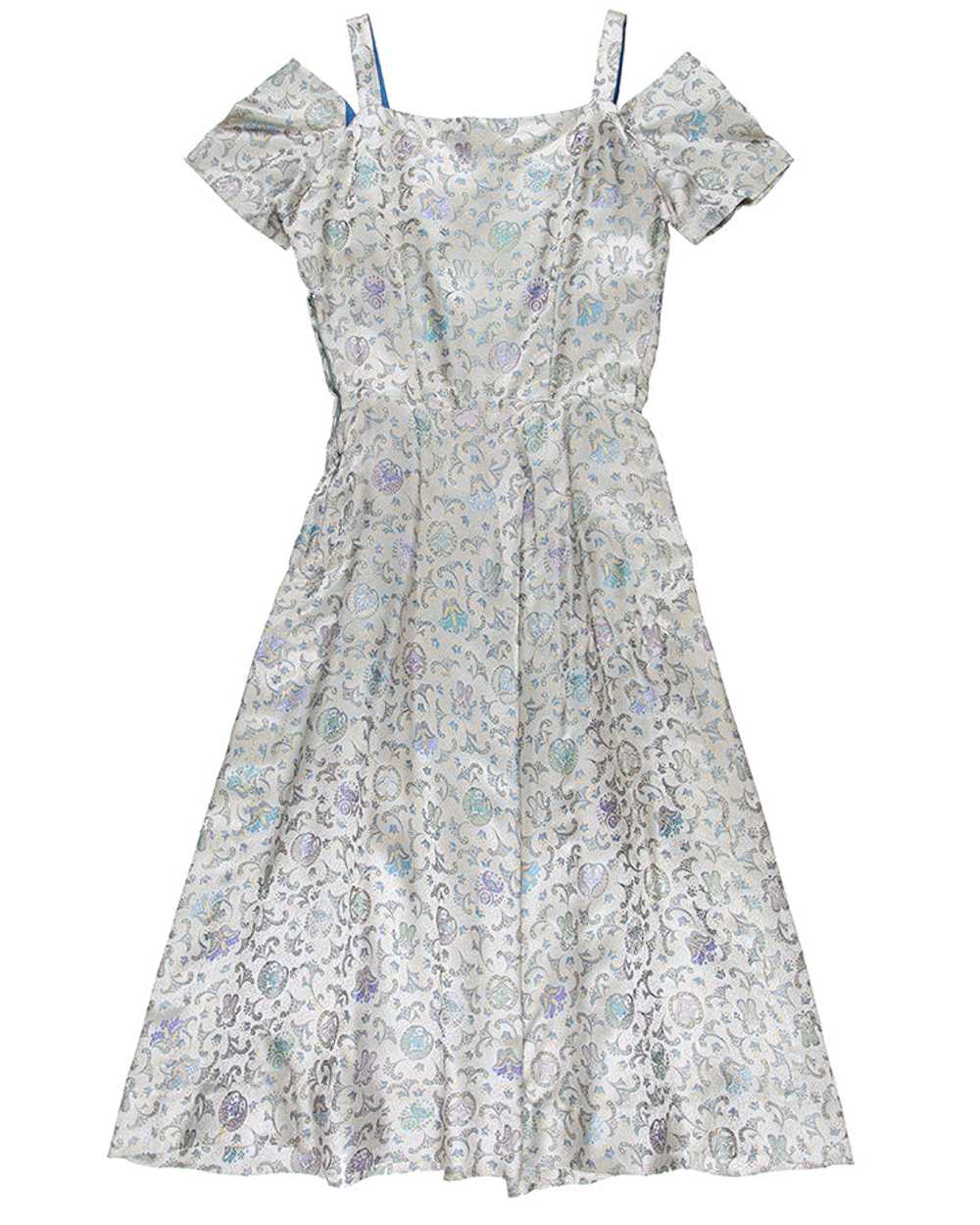 Vintage 1950s Aquamarine Brocade Evening Dress - S - image 2