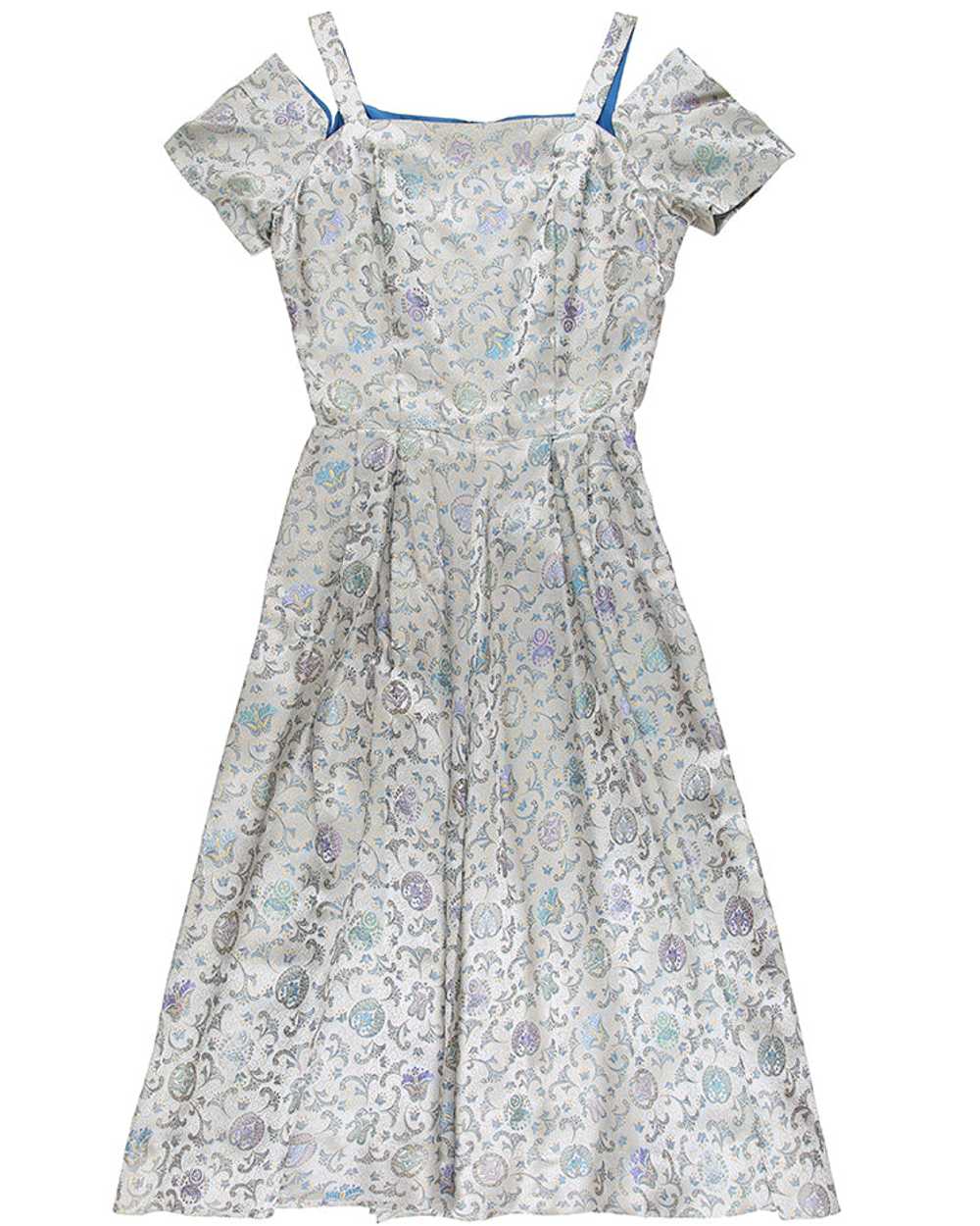 Vintage 1950s Aquamarine Brocade Evening Dress - S - image 3