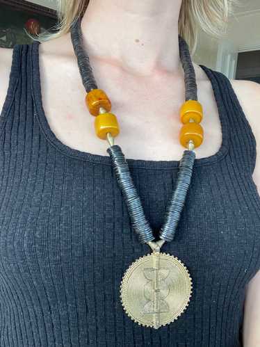 African Necklace with Four Amber Beads and Bronze… - image 1