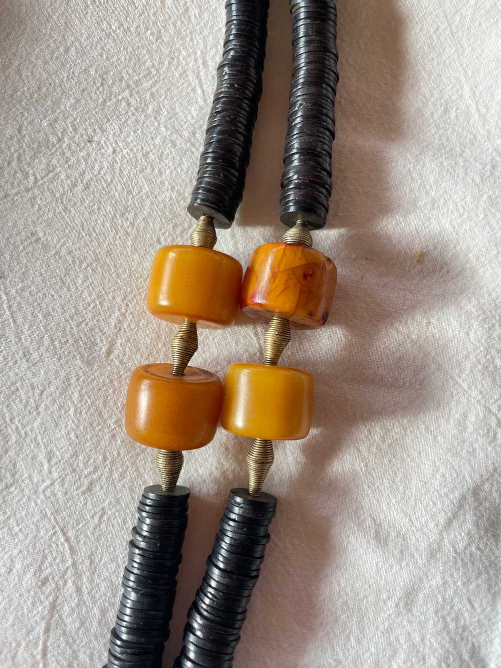 African Necklace with Four Amber Beads and Bronze… - image 4
