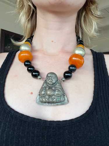 Vintage Chunky Beaded Buddha Figure Necklace with… - image 1