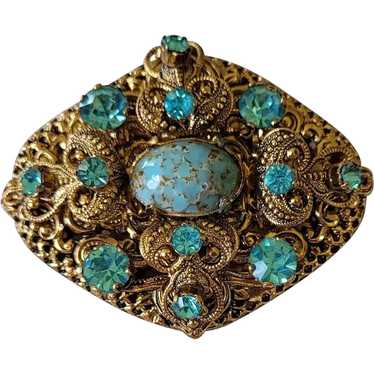 West Germany Turquoise Blue Glass Rhinestone Brooc