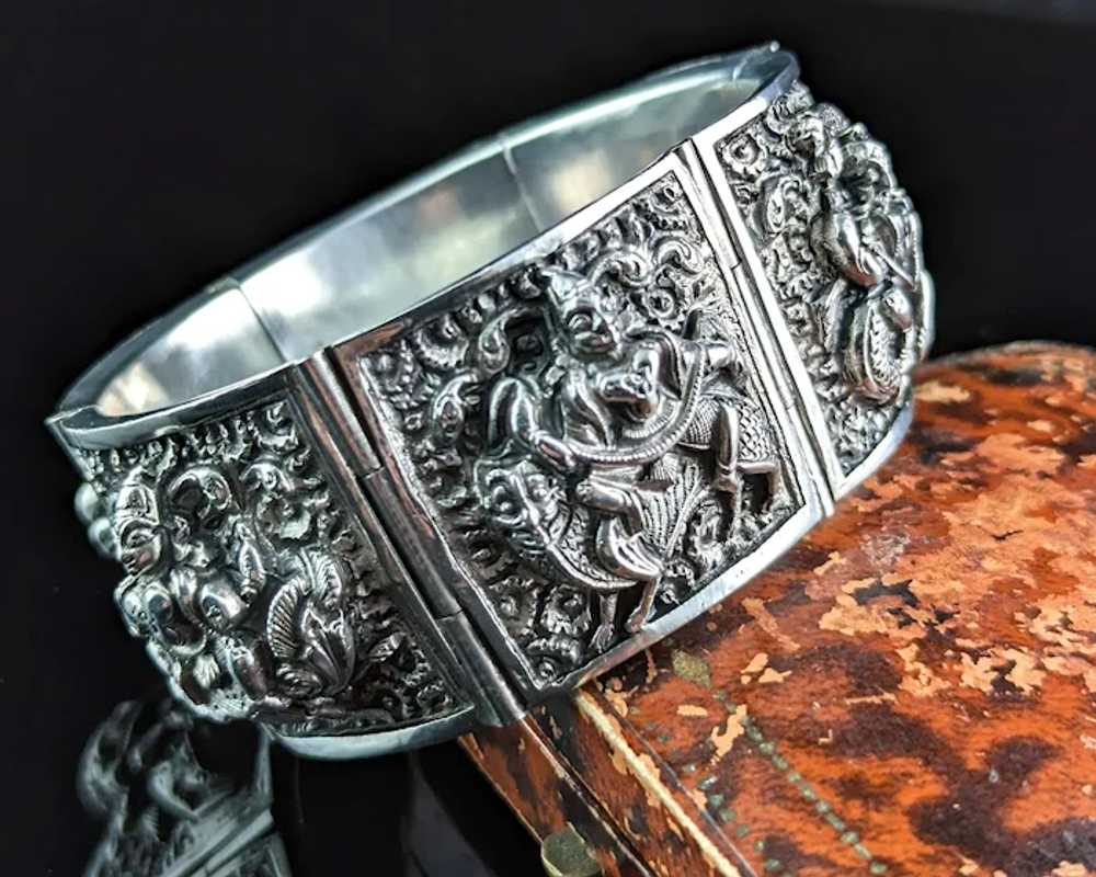 Antique Sterling silver bracelet, Buddhist deitie… - image 7
