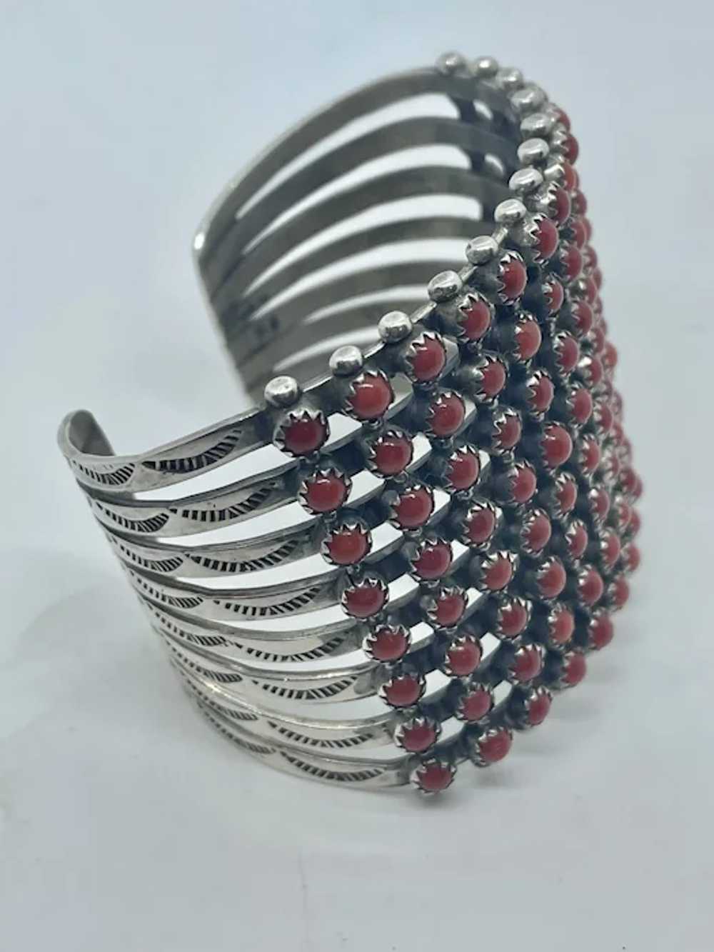 8 Row Red Coral Zuni Snake Eye Cuff Bracelet - image 2