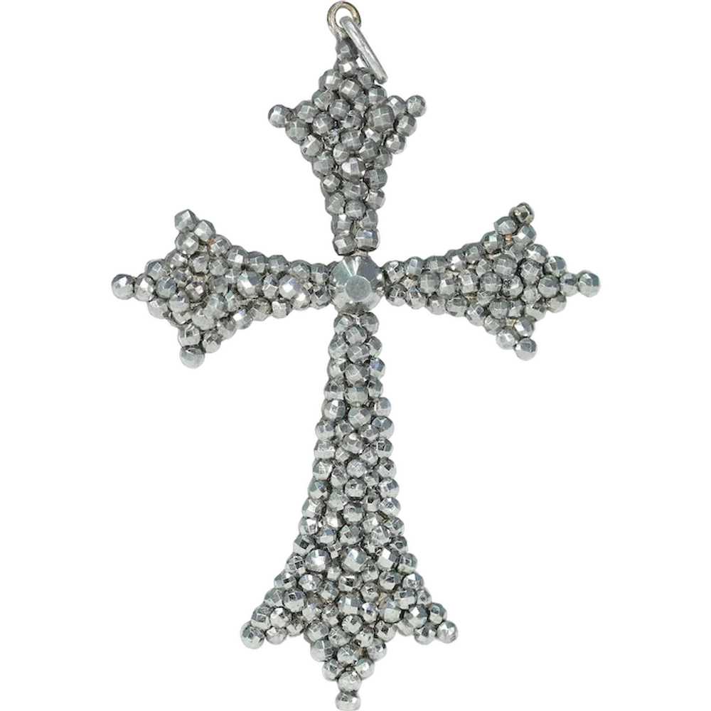 Antique Victorian Cut Steel Cross Pendant c. 1880 - image 1