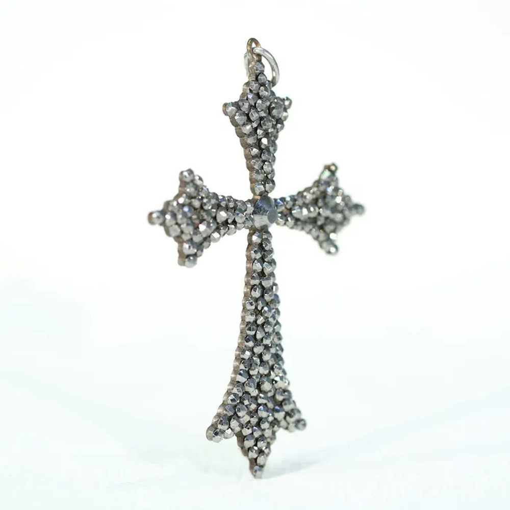 Antique Victorian Cut Steel Cross Pendant c. 1880 - image 2