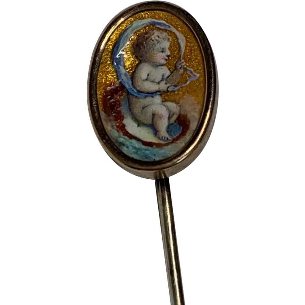 Antique enamel Cherub Putti Pin Brooch - image 1