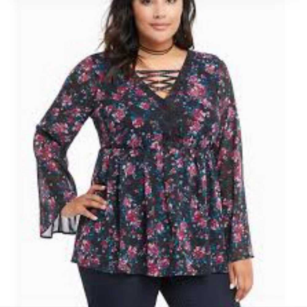 Vintage Torrid Tops Torrid Floral Chiffon Lace Up… - image 1