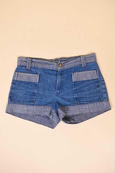 Blue 70s Two Tone Mid / Low Rise Denim Shorts By F