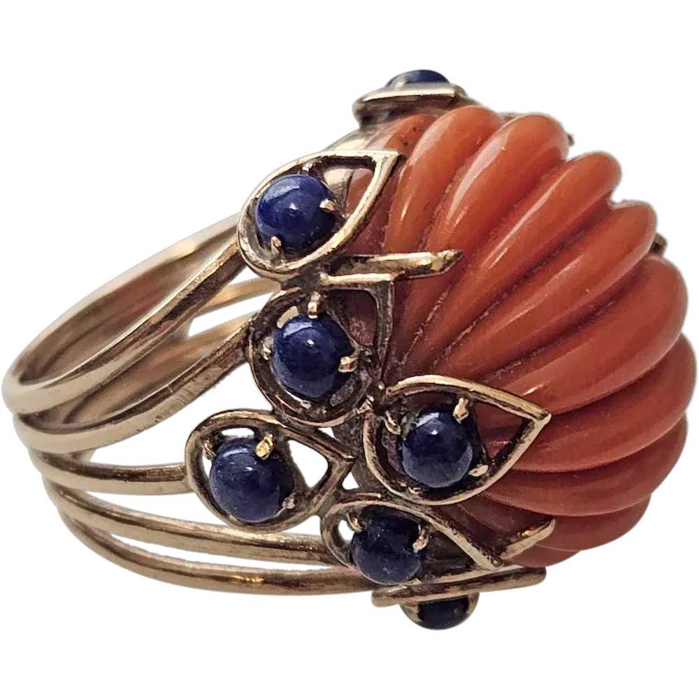 Fabulous 14K, Coral and Lapis Ring - C. 1965 - image 1