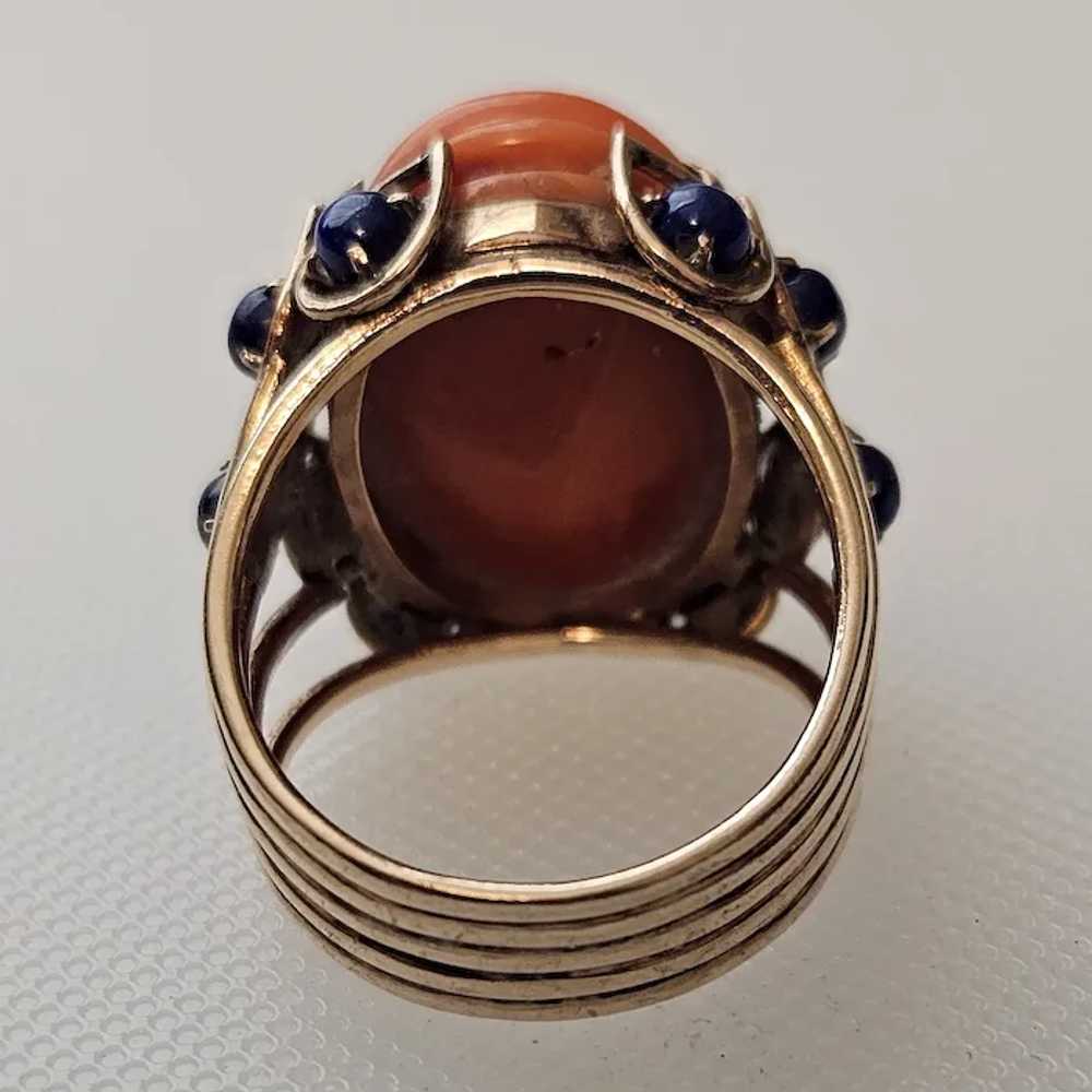 Fabulous 14K, Coral and Lapis Ring - C. 1965 - image 2