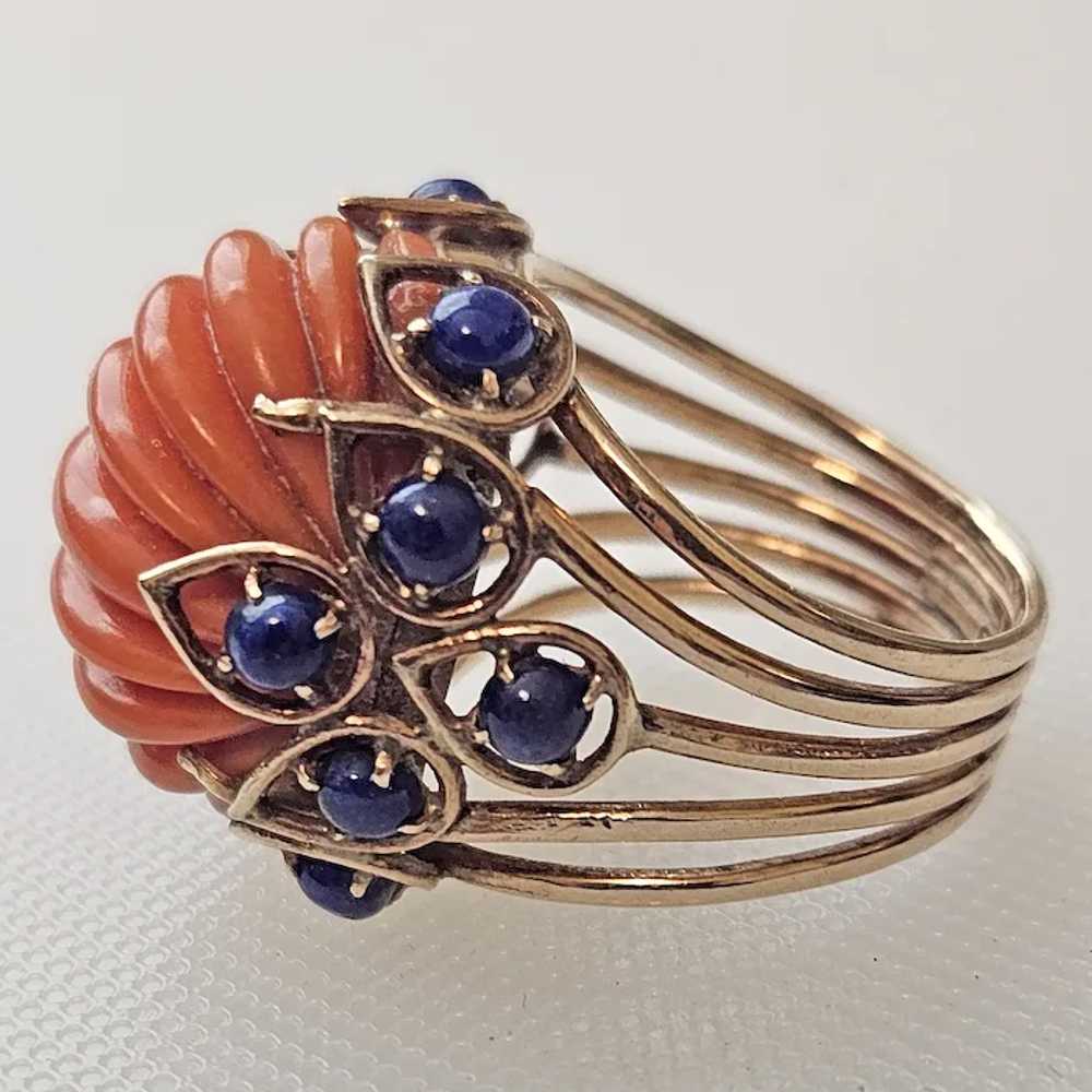 Fabulous 14K, Coral and Lapis Ring - C. 1965 - image 3