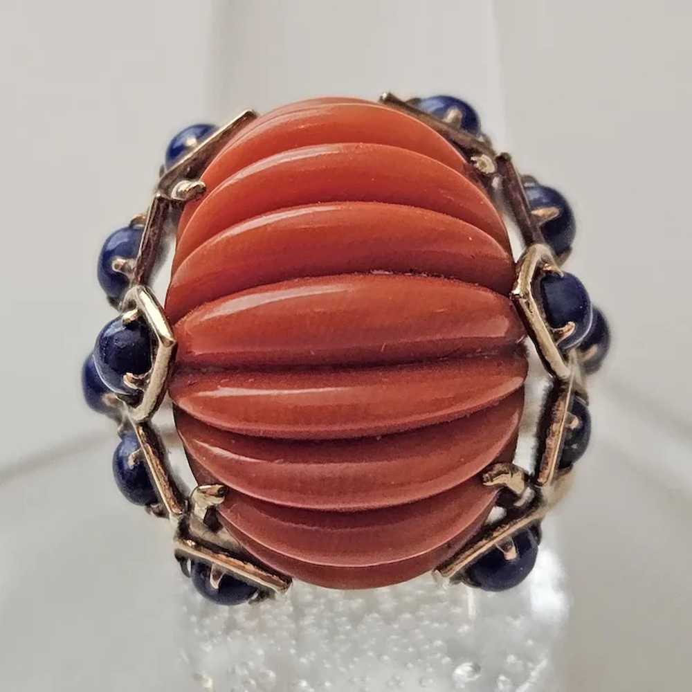 Fabulous 14K, Coral and Lapis Ring - C. 1965 - image 8