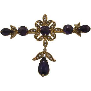 14K Edwardian Amethyst/Pearl Brooch - image 1