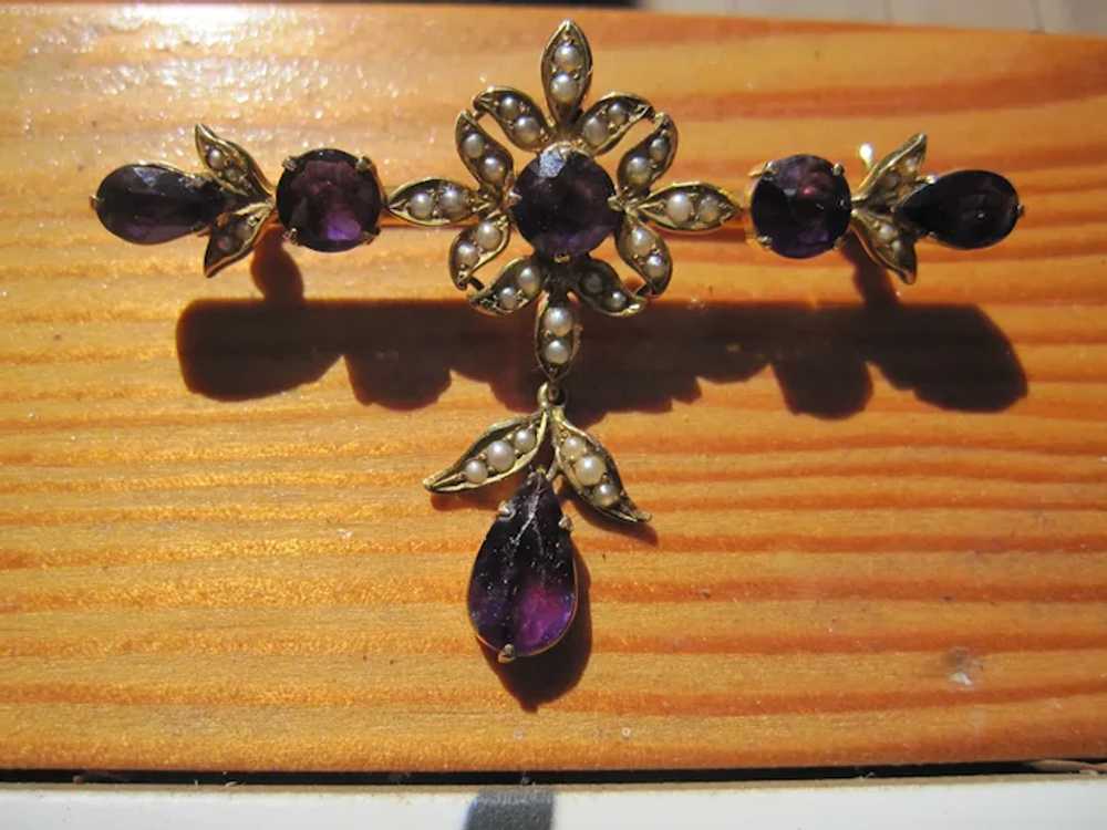 14K Edwardian Amethyst/Pearl Brooch - image 3