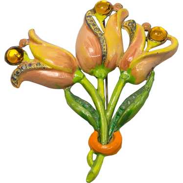 Vintage Pot Metal Orange Yellow Tulips Enamel Broo