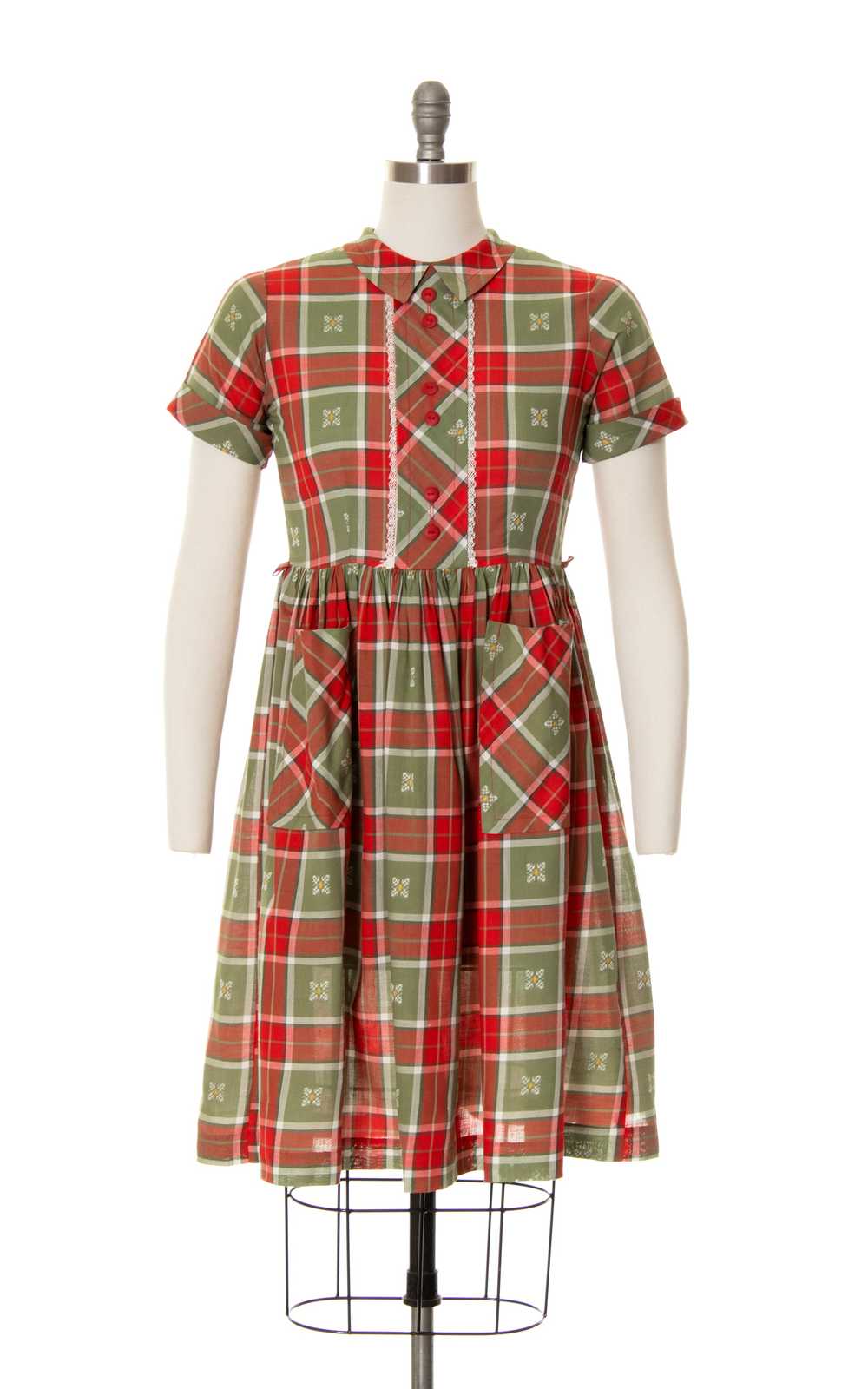 1950s Plaid Button Back Dress with Pockets | small - image 1