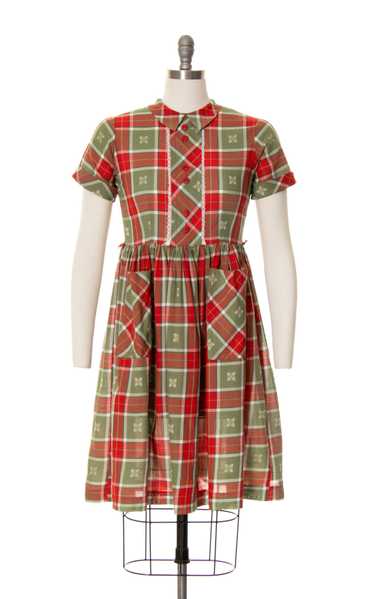 1950s Plaid Button Back Dress with Pockets | small - image 1