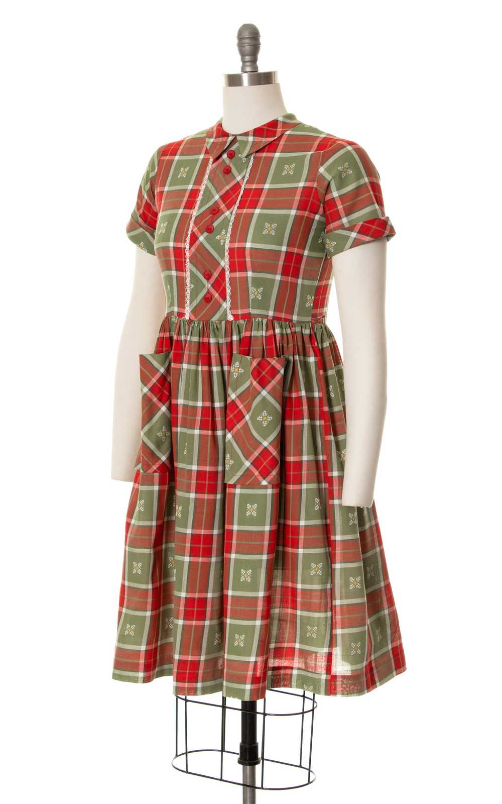 1950s Plaid Button Back Dress with Pockets | small - image 3