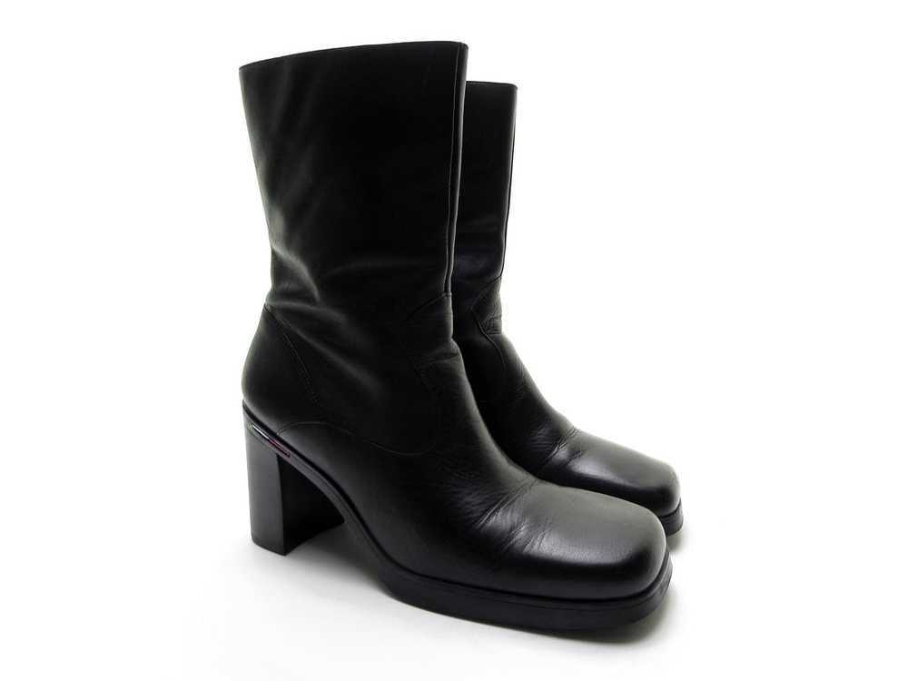 TOMMY HILFIGER 90s black leather square toe boots… - image 2